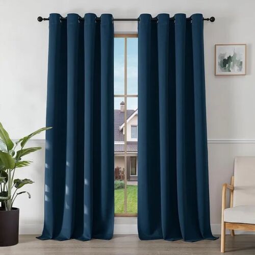 Rideaux Occultants Thermiques 2 Panneaux Polyester 140x245 Cm Bleu Marine, Anti Uv Et Insonorisants, Avec 8 ?Illets Argentés