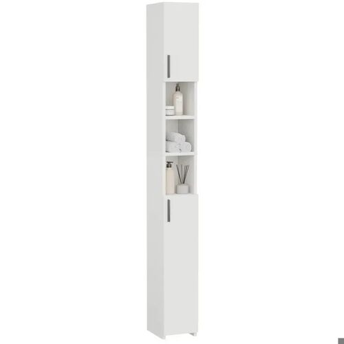 Armoire de toilette étroite autoportante en MDF blanc meuble colonne haut 2 portes rangement salle de bain cuisine entrée étagère