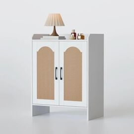 Meuble à chaussures 5 niveaux en panneaux de bois FSC rotin naturel façade bohème blanc 68 × 38 × 88 cm avec plateau haut pour