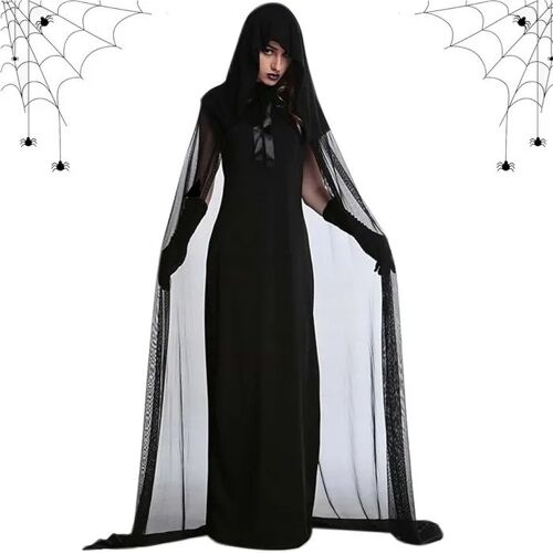 Déguisement Femme Sunshine Smile Robe Longue Reine Maléfique Esprit Vampire Jeune Mariée Cape À Capuche Gants Élasthanne Noir M