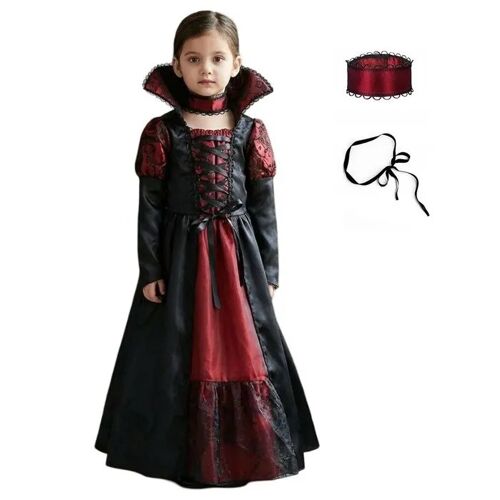 Costume Vampire Femme Pour Halloween Carnaval 110/120 Cm Noir Bordeaux, Robe Col Montant Dentelle Motif Toile D¿Araignée, Choker