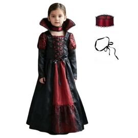 Costume Vampire Femme Pour Halloween Carnaval 110/120 Cm Noir Bordeaux, Robe Col Montant Dentelle Motif Toile D¿Araignée, Choker