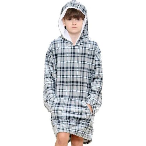 Couverture Sweat 2-En-1 Cocobluza Enfant Oversize À Capuche Polaire Flanelle Grise Carreaux Épais Thermoactif Hypoallergénique