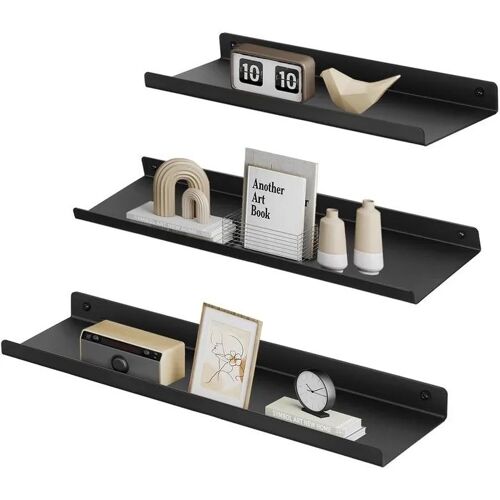 Ensemble de 3 étagères murales métalliques style industriel loft noir mat, profil fin, finition peint par poudrage, montage avec