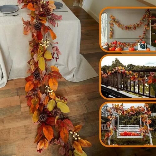 Guirlande décorative d¿automne 13FT 400 cm fleurs et feuilles artificielles orange, pommes de pin et mini citrouilles, décoration