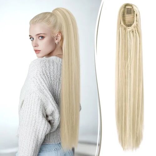 Queue Postiche Synthétique 70 Cm Cheveux Raides Lisses Beige, Élastique Réglable (Drawstring) Fibres Résistantes À La Chaleur