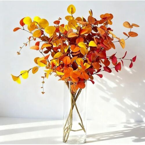 Lot de 5 branches d¿eucalyptus artificielles automnales 70 cm orange citrouilles en mousse et petites baies décoratives pour vase
