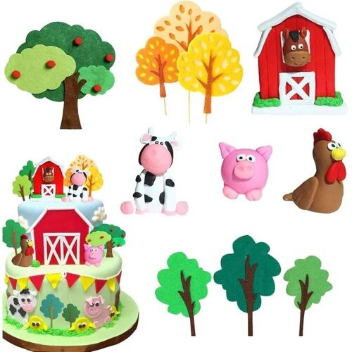 Toppers Gâteau Animaux De La Ferme Lot 11 Pièces Plastique Alimentaire Réutilisable Cheval Vache Cochon Pics Arbres Plateau