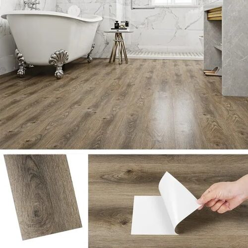 Panneaux de sol autocollants PVC imperméables aspect bois marron antidérapant 32 pièces 90 x 15 cm épaisseur 0,6 mm pour cuisine