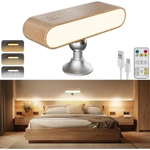 Lampe Murale Led Design Bois De Hêtre Marron Rotative 360° Magnétique Sans Fil Batterie 4000 Mah Usb-C Télécommande 3 Modes Pour