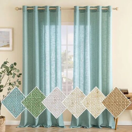 Rideaux Voilés Semi-Transparents Effet Lin Lot De 2 Pièces 140x300 Cm Turquoise 30% Lin 70% Polyester ?illets Anti-Plis Pour