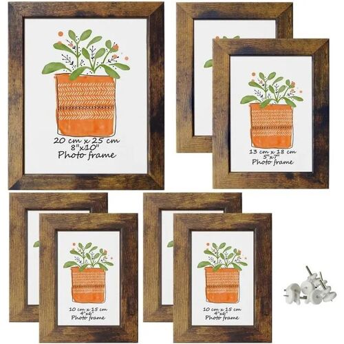 Lot de 7 cadres photo style rustique vintage imitation bois MDF marron vitrages PS 20 x 25 cm 13 x 18 cm 10 x 15 cm montage mural