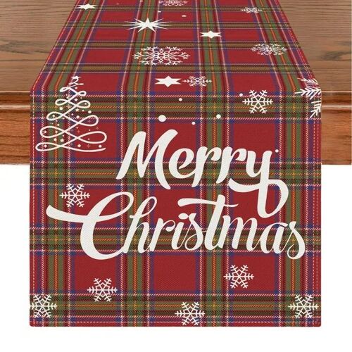 Chemin De Table De Noël Motif Carreaux Flocons Rennes Polyester Effet Lin 140 X 40 Cm Pour Table 2 À 4 Personnes Rouge Décor