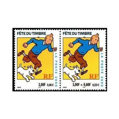 France 2000, Très Belle Paire Attachée Timbres Neufs** Luxe Yvert 3303 & 3304, À L'Occasion De La Fête Du Timbre, Tintin Et Milou, Avec Et Sans Surtaxe Croix Rouge.