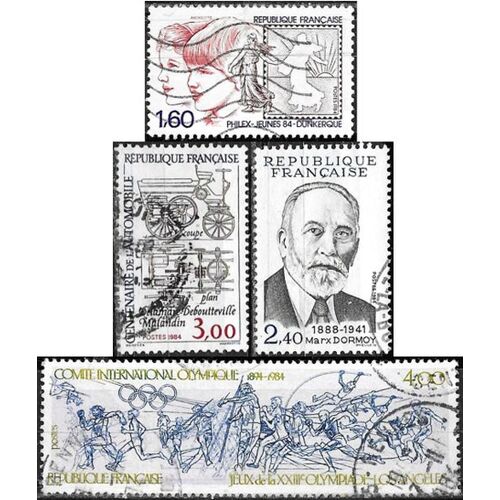 France 1984, Beaux Timbres Oblitérés Yvert 2308 Exposition Philex-Jeunes, 2314 Jeux Olympiques De Los Angeles, 2336 Marx Dormoy Et 2341 Centenaire De L'Automobile.