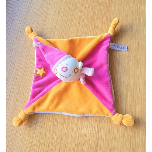 Doudou Tigex Plat Bonhomme Lutin Clown Orange Rose Blanc Étoile Bonnet