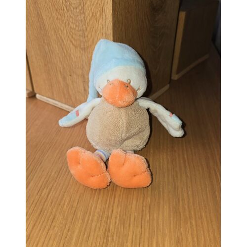 Doudou peluche Canard oiseau beige orange bonnet bleu grelot Nattou 20 cm