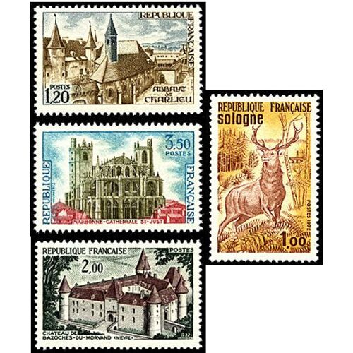 France 1972, Très Belle Série Touristique, Timbres Neufs** Luxe Yvert 1712 Sologne, 1713 Abbaye De Charlieu, 1725 Chateau De Bazoches Du Morvan, 1726 Cathédrale Saint Just De Narbonne.