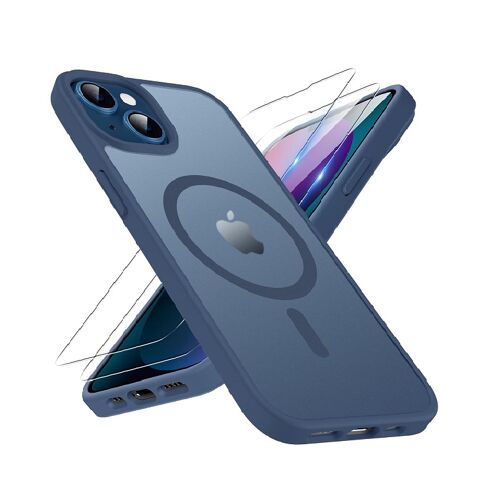 Coque Bleu Mat Magnétique pour iPhone 14 - 2 Verre trempé, Compatible avec MagSafe, Protection d'objectif , Antichoc - HQSELECTION®