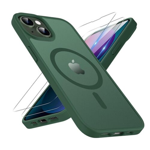 Coque Vert Mat Magnétique pour iPhone 14 - 2 Verre trempé, Compatible avec MagSafe, Protection d'objectif , Antichoc - HQSELECTION®