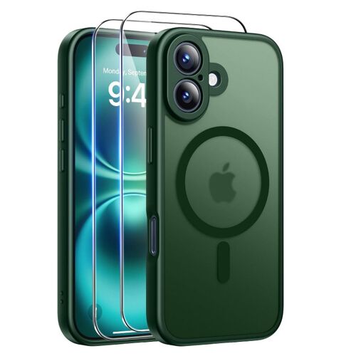 Coque Vert Mat Magnétique pour iPhone 16 - 2 Verre trempé, Compatible avec MagSafe, Protection d'objectif , Antichoc - HQSELECTION®
