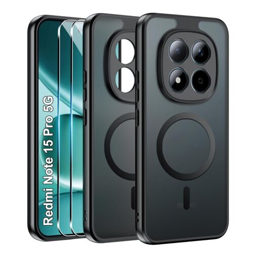 Coque Mat Magnétique pour Xiaomi Redmi Note 15 Pro 5G - 2 Verre Trempé, Compatible avec MagSafe, Translucide Antichoc - HQSELECTION®