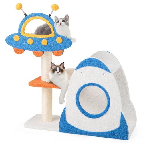 Arbre À Chat Multi-Niveaux 87 Cm Costway, Perchoir En Forme D'ovni, Condo À 2 Niveaux, Poteaux À Gratter En Sisal, Balles À Ressort