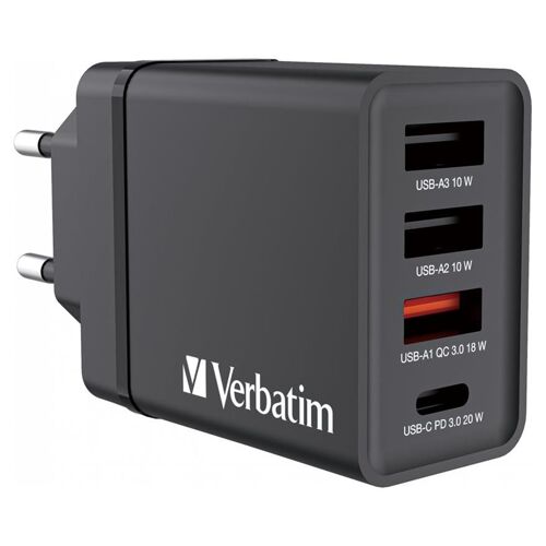 Verbatim - Adaptateur secteur - 30 Watt - 5 A - PD 3.0, QC 3.0 - 4 connecteurs de sortie (USB-C, 3 x USB Type A) - noir - Europe