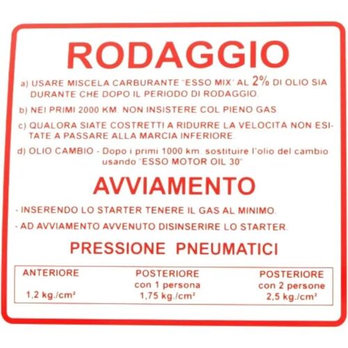 Autocollant Rodage Compatible Avec Piaggio Vespa Rally 180-200cc Adhésif Restauration Scooter Ancien Oem 610170m