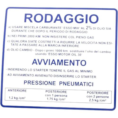 Autocollant Rodage Compatible Avec Piaggio Vespa Rally 180-200cc Adhésif Restauration Scooter Ancien Oem 610170m001