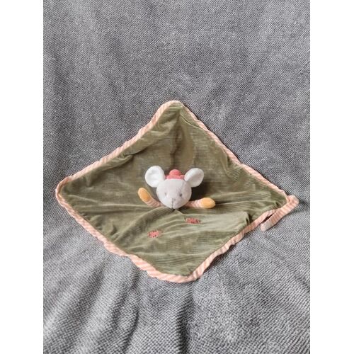 Doudou plat souris - Bukowski - Mouchoir en velours vert et orange