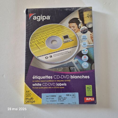 Boite De 100 Feuilles D'Étiquettes Cd Dvd Blanches , Soit 200 Étiquettes