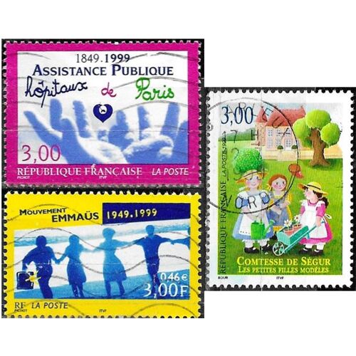 France 1999, Beaux Timbres Oblitérés Yvert 3216 Assistance Publique, Hopitaux De Paris, 3253 La Comtesse De Ségur Et 3282 Mouvement Emmaus.