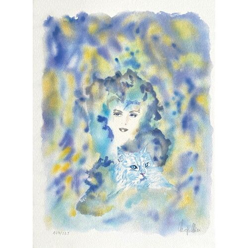 Cécile Chapellier Lithographie Signé Jeune Femme Au Chat Blanc
