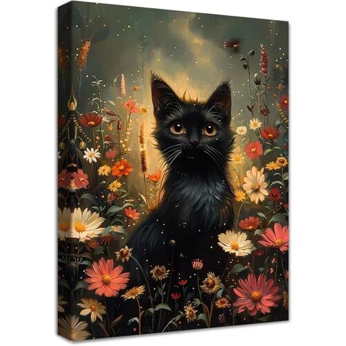 Tableau déco sur toile Chat noir fleurs multicolores cadre bois naturel 40 x 60 cm prêt à accrocher impression HD haute