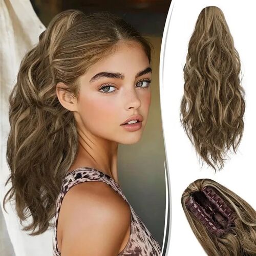 Queue Postiche Cheveux Synthétiques Ondulés 45 Cm À Clip Type Claw (Griffes) Fibre Résistante À La Chaleur Beige Pour Chignon Ou