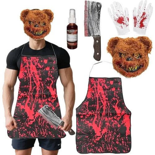 Déguisement Halloween Magnetspiele Costume Ours Boucher Ensanglanté Avec Masque Pvc Peluche Sangle Réglable Accessoires Couteau