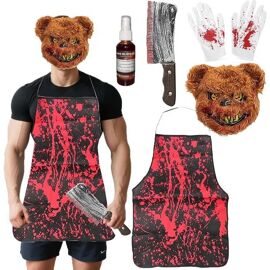 Déguisement Halloween Magnetspiele Costume Ours Boucher Ensanglanté Avec Masque Pvc Peluche Sangle Réglable Accessoires Couteau