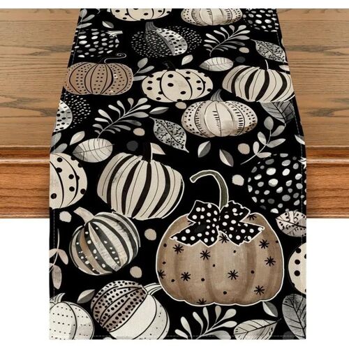 Chemin De Table Décoratif Automnal Feuilles Noires Citrouilles Polyester Tissé 40x140 Cm Pour Table 2 À 4 Personnes Lavage En
