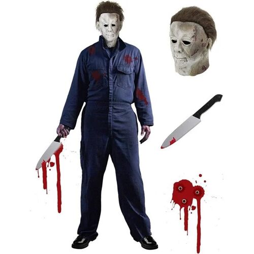Déguisement Michael Myers Halloween Homme Xxl Ensemble Cosplay Avec Masque Latex 100% Naturel Et Couteau Plastique Bleu Marine