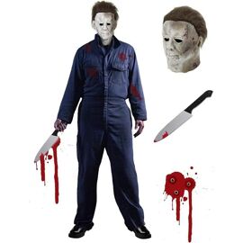 Déguisement Michael Myers Halloween Homme Xxl Ensemble Cosplay Avec Masque Latex 100% Naturel Et Couteau Plastique Bleu Marine