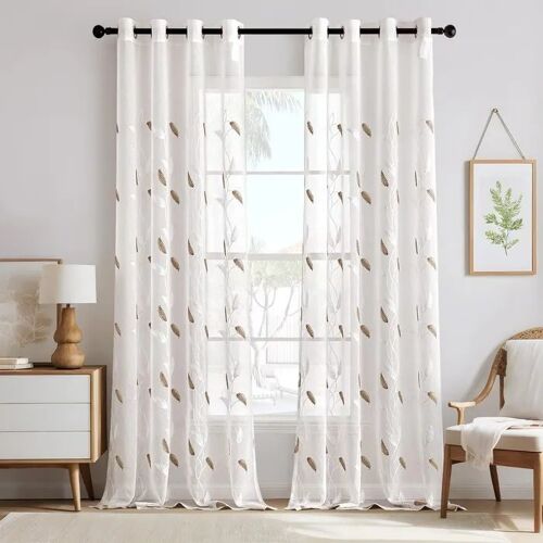 Rideaux Voilages Miulee Organza Avec ?illets Transparent 245x140 Cm Lot De 2 Panneaux Voile Brodé Feuilles Blanc Marron Anneaux