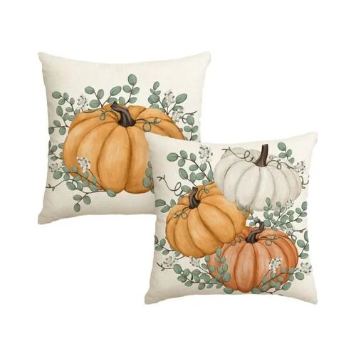 Lot De 2 Housses De Coussin 50x50 Cm Décoration Automne Motif Citrouille Et Eucalyptus Polyester Fermeture Éclair Invisible Orange