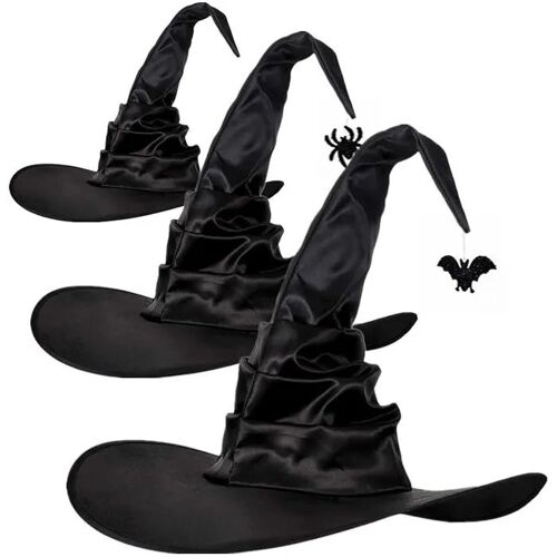 Chapeau De Sorcière Halloween - Lot De 3 Pièces En Tissu - Décoration Chauve-Souris Et Araignée, Noir, 45x45 Cm