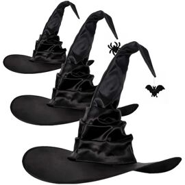 Chapeau De Sorcière Halloween - Lot De 3 Pièces En Tissu - Décoration Chauve-Souris Et Araignée, Noir, 45x45 Cm