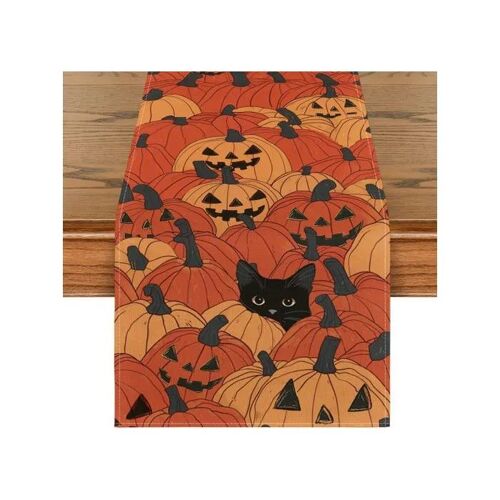 Chemin De Table Halloween 40x180 Cm Orange Motif Chat Noir Et Citrouilles, Décoration De Fête En Polyester Pour Table 4-6
