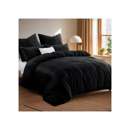 Parure De Lit 3 Pièces 200x200 Cm Flanelle Polaire Noire, Housse De Couette Chaude Microfibre, 2 Taies 80x80 Cm, Fermeture