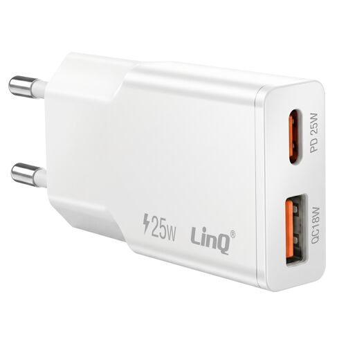 Chargeur Secteur Extra Plat avec Double Port USB-C et USB 25W LinQ Blanc