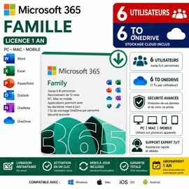 Microsoft Office 365 Family Licence 1 An - 6 Utilisatuers 6 To Stockage Onedrive - Idéal Pc/Mac/Tablette