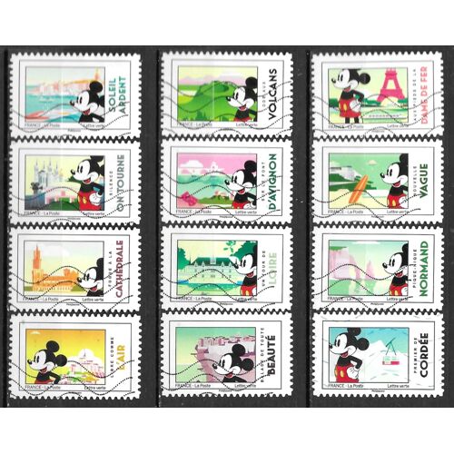 France 2018, Belle Série Complète Yvert 1582 À 1593, 12 Timbres Mickey Et Le France, Oblitérés, Tbe.